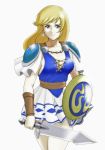  1girl armor blonde_hair blue_eyes breasts cleavage highres long_hair looking_at_viewer shield skirt solo sophitia_alexandra soulcalibur standing sword tare-katsu weapon white_background wrist_cuffs 
