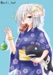  1girl anti_(untea9) blue_background blue_eyes character_doll character_mask food_in_mouth hair_ornament hair_over_one_eye hairclip hamakaze_(kantai_collection) highres i-class_destroyer japanese_clothes kantai_collection kimono looking_at_viewer mask remodel_(kantai_collection) shinkaisei-kan short_hair silver_hair sparkle twitter_username water_yoyo wrist_scrunchie yuudachi_(kantai_collection) 