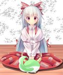  1girl bow fujiwara_no_mokou hair_bow hair_ribbon horn_ribbon horns indian_style juliet_sleeves kamishirasawa_keine_(hakutaku) long_hair long_sleeves oimo_(imoyoukan) pants pink_eyes puffy_sleeves ribbon shirt silver_hair sitting smile sukusuku_hakutaku suspenders touhou tress_ribbon v_arms very_long_hair 