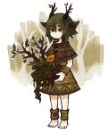 1girl animal_ears anklet barefoot eyebrows_visible_through_hair flat_chest flat_gaze flower forest green_eyes green_hair horn_ornament horns jewelry jitome leaf multicolored_eyes nature original plant satsumai signature solo standing tree wristband yellow_eyes yellow_flower 