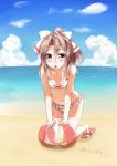  1girl ball beach beachball blue_sky blush bow_bikini breasts brown_eyes brown_hair clouds collarbone flat_chest full_body hachimaki hair_ribbon headband high_ponytail highres kantai_collection koda long_hair looking_at_viewer open_mouth outdoors ponytail ribbon sandals sky smile solo swimsuit twitter_username zuihou_(kantai_collection) 