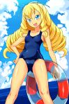  1girl blonde_hair drill_hair fukuouji_laura highres innertube jewelpet_(series) jewelpet_magical_change long_hair looking_at_viewer open_mouth school_swimsuit small_breasts smile solo swimsuit water zasshu_nigou 