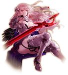  1girl apt armor black_wings blood blood_on_face breasts gauntlets gorget greaves gyakushuu_no_fantasica long_hair looking_at_viewer official_art pauldrons red_eyes silver_hair sitting solo sword very_long_hair weapon wings 