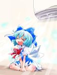  1girl air_conditioner blue_eyes blue_hair bow cirno closed_eyes dress hair_bow ice ice_wings indian_style open_mouth ribbon shinapuu short_hair sitting smile solo touhou wings 