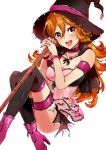  bare_shoulders blush boots breasts broom cape hands_clasped hat long_hair looking_at_viewer masaki_(celesta) open_mouth orange_hair red_eyes skirt smile solo thigh-highs thigh_strap tokyo_7th_sisters usuta_sumire witch_hat 