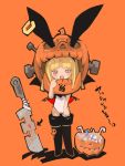  1girl blonde_hair halloween long_hair pumpkin red_eyes solo sword weapon 