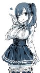  1girl ;d asanagi breasts corset imai_midori large_breasts long_hair looking_at_viewer monochrome one_eye_closed open_mouth shirobako side_ponytail smile solo thigh-highs 
