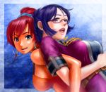  2girls battan bellows_(suisei_no_gargantia) blue_eyes breasts earrings glasses hoop_earrings jewelry lips locked_arms long_hair multiple_girls open_mouth purple_hair red_eyes redhead ridget_(suisei_no_gargantia) semi-rimless_glasses smile suisei_no_gargantia 