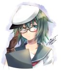  1girl :&lt; adjusting_glasses artist_name blue_eyes blush board brown_gloves dated eyepatch glasses gloves green_hair hand_on_glasses hat kantai_collection kiso_(kantai_collection) looking_at_viewer school_uniform serafuku solo yuihira_asu 