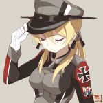  1girl blonde_hair closed_eyes gloves hat kantai_collection long_hair military military_uniform peaked_cap prinz_eugen_(kantai_collection) solo souji twintails uniform white_gloves 