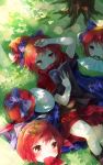  1girl arm_up blush book bow cape dappled_sunlight disembodied_head fanning_face food fruit hair_bow highres lying makuwauri mouth_hold on_back reading red_eyes redhead sekibanki shirt skirt solo summer sweat touhou tree watermelon 