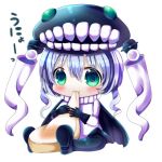  1girl :3 chibi chocolat_(momoiro_piano) eating food green_eyes headgear kantai_collection mochi shinkaisei-kan simple_background sitting solo wagashi white_background wo-class_aircraft_carrier 