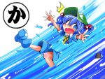 1girl blue_eyes blue_hair hair_bobbles hair_ornament hat kawashiro_nitori key open_mouth outstretched_arms river shinapuu short_hair skirt solo touhou twintails two_side_up water 