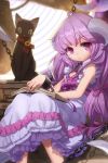  1girl ahoge amrita black_cat book bow cat chain dress frilled_dress frills frown hair_ribbon holding horns layered_dress lock long_hair open_mouth purple_hair ribbon seong-goe sitting solo sword_girls very_long_hair 