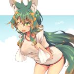  1girl animal_ears green_eyes gym_uniform kuromiya kuromiya_raika long_hair multicolored_hair one_eye_closed original solo tail towel two-tone_hair 