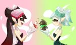  +_+ 2girls aori_(splatoon) black_hair closed_eyes detached_collar domino_mask dress earrings fangs food food_on_head gloves ho4 hotaru_(splatoon) jewelry kitsune long_hair mask mole mole_under_eye multiple_girls object_on_head pointy_ears short_hair silver_hair splatoon symbol-shaped_pupils tanuki tentacle_hair 