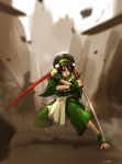  1girl ankle_cuffs anklet avatar:_the_last_airbender barefoot blind capri_pants chinese_clothes closed_eyes crossover darren_geers highres jewelry katana pants parody reverse_grip sheath shirasaya sword toph_bei_fong weapon zatoichi 
