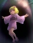  1girl alternate_costume bamboo bamboo_forest blonde_hair forest hair_ribbon japanese_clothes kimono long_sleeves looking_at_viewer minarai_shachou nature night obi open_mouth outstretched_arms red_eyes ribbon rumia sash sky solo star_(sky) starry_sky tanabata touhou wide_sleeves yukata 