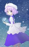  1girl blue_eyes from_side hat lavender_hair letty_whiterock looking_at_viewer mob_cap short_hair snowflakes solo tona_(nekotte) touhou 