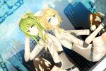 2girls back-to-back belt black_gloves blonde_hair blue_eyes building gloves goggles goggles_on_head green_eyes green_hair gumi hair_ornament hairclip hand_behind_head highres kagamine_rin legs looking_at_viewer midriff multiple_girls shorts sitting smile thigh-highs thighs torn_clothes torn_hair_ribbon torn_thighhighs vocaloid 鉛✎笔 
