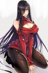  1girl bare_shoulders black_hair black_legwear breasts hair_over_one_eye large_breasts long_hair looking_at_viewer mugenshiki open-chest_sweater pantyhose parted_lips red_eyes ribbed_sweater sitting solo sweater thighhighs_under_pantyhose very_long_hair 