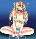  1girl alternate_hairstyle bikini blonde_hair blue_bikini blue_eyes boku_wa_tomodachi_ga_sukunai breasts butterfly_hair_ornament clenched_teeth hair_ornament indian_style kashiwazaki_sena large_breasts long_hair shinshin sitting solo swimsuit twintails 