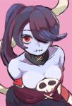  1girl breasts cleavage detached_sleeves hair_over_one_eye leviathan_(skullgirls) long_hair lowres pink_background purple_hair red_eyes side_ponytail skull skullgirls solo squigly_(skullgirls) stitched_mouth striped toi_(toiot) 