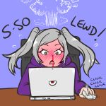  1girl akairiot blood blush brown_eyes casual commentary computer computer_mouse female fire_emblem fire_emblem:_kakusei full-face_blush hood_down hoodie laptop long_hair my_unit nosebleed silver_hair solo twintails 