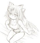  1girl animal_ears bat_wings breasts cat_ears character_request cleavage hair_ornament hair_ribbon kasuga_yukihito long_hair looking_at_viewer low_wings one-piece_swimsuit ribbon sitting sketch solo swimsuit wings 