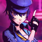  1girl black_gloves blue_eyes blue_hair cabbie_hat fingerless_gloves gloves hat ilya_kuvshinov lips looking_at_viewer persona persona_4 persona_4:_dancing_all_night pointing pointing_up shirogane_naoto short_hair solo suspenders upper_body 