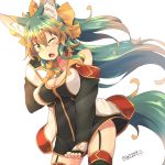  1girl animal_ears breasts cleavage fingerless_gloves gloves green_eyes kuromiya kuromiya_raika long_hair multicolored_hair one_eye_closed original solo tail two-tone_hair 