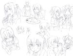  /\/\/\ 3girls admiral_(kantai_collection) ahoge apron eating food gloves hair_ribbon heart kagerou_(kantai_collection) kantai_collection long_hair monochrome multiple_girls open_mouth ponytail ribbon shiranui_(kantai_collection) shirubaburu short_hair simple_background solo_focus traditional_media twintails vest white_background 