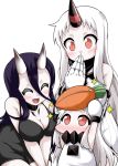  3girls :d ^_^ bare_shoulders battleship-symbiotic_hime black_hair blush breasts carrot claws cleavage closed_eyes commentary_request covered_mouth covering_mouth detached_sleeves dress fang hair_between_eyes horn horns kantai_collection long_hair mittens multiple_girls northern_ocean_hime open_mouth red_eyes seaport_hime shinkaisei-kan sleeveless sleeveless_dress smile sparkle white_hair yamato_nadeshiko 