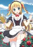  1girl blonde_hair blue_eyes blush breasts character_request cleavage flower garter_straps long_hair maid maid_headdress open_mouth panties pantyshot shima_(shima_je) solo thigh-highs twintails two_side_up underwear watering_can white_legwear 
