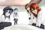  4girls :d akatsuki_(kantai_collection) arms_behind_back black_legwear black_skirt blue_eyes brown_eyes brown_hair fang hair_ornament hairclip hat hibiki_(kantai_collection) ikazuchi_(kantai_collection) inazuma_(kantai_collection) kantai_collection long_hair long_sleeves multiple_girls open_mouth pantyhose pleated_skirt pov purple_hair sailor_hat school_uniform serafuku shirubaburu short_hair skirt smile squatting violet_eyes 