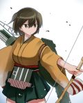  1girl arrow bow_(weapon) brown_eyes brown_hair green_skirt hiryuu_(kantai_collection) holding holding_weapon japanese_clothes kantai_collection kinosaki_(green_patio) long_sleeves one_side_up pleated_skirt quiver short_hair skirt solo weapon wide_sleeves 