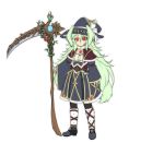  1girl amulet animal_ears capelet dog_ears dog_tail flat_chest flat_color fur_trim green_hair hat hat_ribbon jewelry long_hair original pantyhose playjoe2005 red_eyes ribbon scythe tail twintails wide_sleeves witch witch_hat 