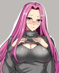  1girl alternate_costume black_sweater blush breasts cleavage cleavage_cutout embarrassed fate_(series) glasses grey_background hands_on_own_chest koujun_(mugenzero) large_breasts long_hair open-chest_sweater purple_hair ribbed_sweater rider simple_background solo sweater turtleneck very_long_hair violet_eyes 