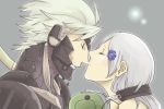  1boy 1girl breasts cleavage cyborg ear_protection headphones headphones_around_neck headset kiss koryuu_(gackter10) long_hair metal_gear_(series) metal_gear_rising:_revengeance nose_kiss raiden short_hair silver_hair sunny_gurlukovich 