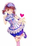  1girl ;) alternate_costume blush brown_eyes brown_hair doujima_nanako dress heart hijiri_ruka persona persona_4 persona_4:_dancing_all_night puffy_shorts short_hair short_twintails shorts_under_skirt smile solo twintails vertical-striped_dress vertical_stripes visor_cap wink wristband 