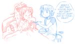  2girls artist_request bed bed_sheet bedroom blanket blue_eyes blue_hair bow bowl english food hair_bow hair_ornament hairclip long_hair mahou_shoujo_madoka_magica miki_sayaka multiple_girls pajamas pillow ponytail redhead sakura_kyouko short_hair smile soup spoon tagme 