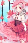  1girl bare_shoulders cup dress elbow_gloves flower frills gloves hat highres kuroi_(liar-player) original red_eyes rose silver_hair solo wine_glass 