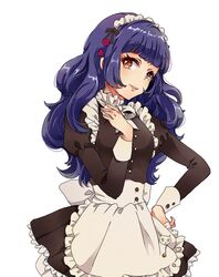  1girl alternate_costume apron blush brown_eyes enmaided flower hair_flower hair_ornament hand_on_hip long_hair looking_at_viewer maid maid_headdress masaki_(celesta) ootori_chacha open_mouth purple_hair smile solo tokyo_7th_sisters wavy_hair 