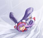  +_+ 1girl animal_hat blush_stickers bunny_hat character_request happy hat kasuga_yukihito lying mittens on_stomach open_mouth pantyhose purple_hair sliding snow solo winter_clothes yellow_eyes 