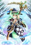  1girl amulet animal_ears blue_hair capelet commentary_request dog_ears dog_tail fur_trim gradient_hair green_hair hat hat_ribbon highres jewelry long_hair magic multicolored_hair original pantyhose playjoe2005 red_eyes ribbon scythe smile snowflakes tail twintails wide_sleeves witch witch_hat 