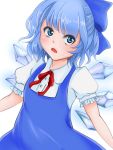  1girl :o blue_eyes blue_hair bow cirno dress hair_bow open_mouth puffy_short_sleeves puffy_sleeves shirt short_hair short_sleeves touhou wings yukke_(colonel_y) 