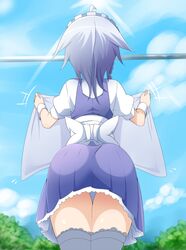  1girl antenna_hair ass blue_dress braid clouds cloudy_sky dress from_behind izayoi_sakuya maid_headdress panties pantyshot pantyshot_(standing) puffy_short_sleeves puffy_sleeves short_dress short_hair short_sleeves silver_hair sky solo standing tamuhi thigh-highs touhou twin_braids underwear white_panties zettai_ryouiki 