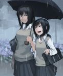  2girls bag clouds cloudy_sky flower height_difference hetza_(hellshock) long_hair looking_at_another multiple_girls open_mouth pleated_skirt ponytail rain school_uniform shared_umbrella skirt sky smile sweater_vest umbrella 