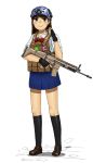  1girl absurdres anyan_(jooho) assault_rifle body_armor brown_hair earphones fingerless_gloves fn_scar full_body gloves green_eyes gun helmet highres kneehighs load_bearing_vest long_hair looking_at_viewer original phone plate_carrier pleated_skirt rifle school_uniform shadow simple_background skirt smile solo trigger_discipline weapon white_background 