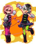  2girls amakoke aori_(splatoon)_(cosplay) eyeball gloves green_eyes green_hair hairband hat hat_ribbon heart highres hotaru_(splatoon)_(cosplay) komeiji_koishi komeiji_satori multiple_girls open_mouth pink_hair pointy_ears red_eyes ribbon short_hair siblings sisters skirt smile splatoon third_eye touhou 